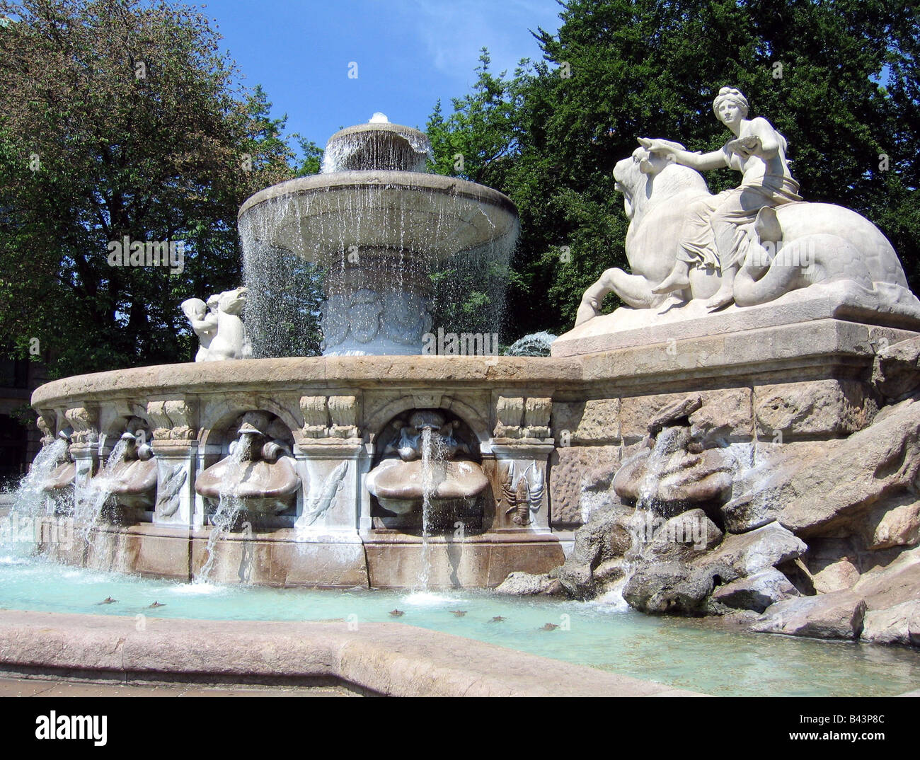 geography / travel, Germany, Bavaria, Munich, fountain, Wittelsbacher fountain, Lenbachplatz, built 1895 AD, composition by Adolf von Hildebrand, lenbachbrunnen isn't the official name, Europa riding the bull, ststue, sculpture, , Additional-Rights-Clearance-Info-Not-Available Stock Photo
