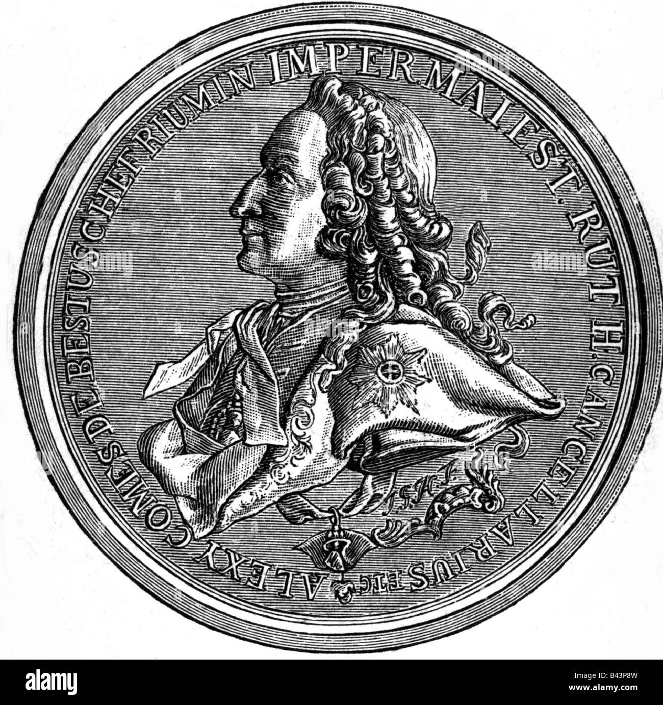 Bestuzhev-Ryumin, Aleksey Petrovich, Count, 2.6.1693 - 21.4.1766, Russian politician, chancellor 1744 - 1758, portrait, xylography after medal, 18th century, Stock Photo