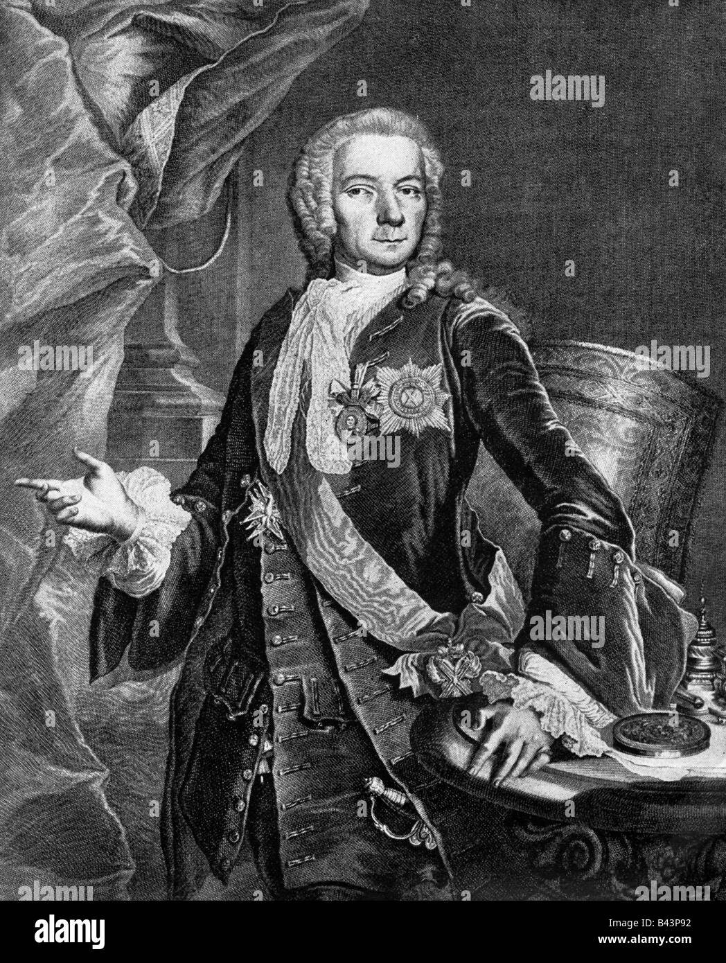 Bestuzhev-Ryumin, Aleksey Petrovich, Count, 2.6.1693 - 21.4.1766, Russian politician, chancellor 1744 - 1758, half length, copper engraving by J.M. Bernigeroth after painting by C.v. Preuner, 1755, Artist's Copyright has not to be cleared Stock Photo