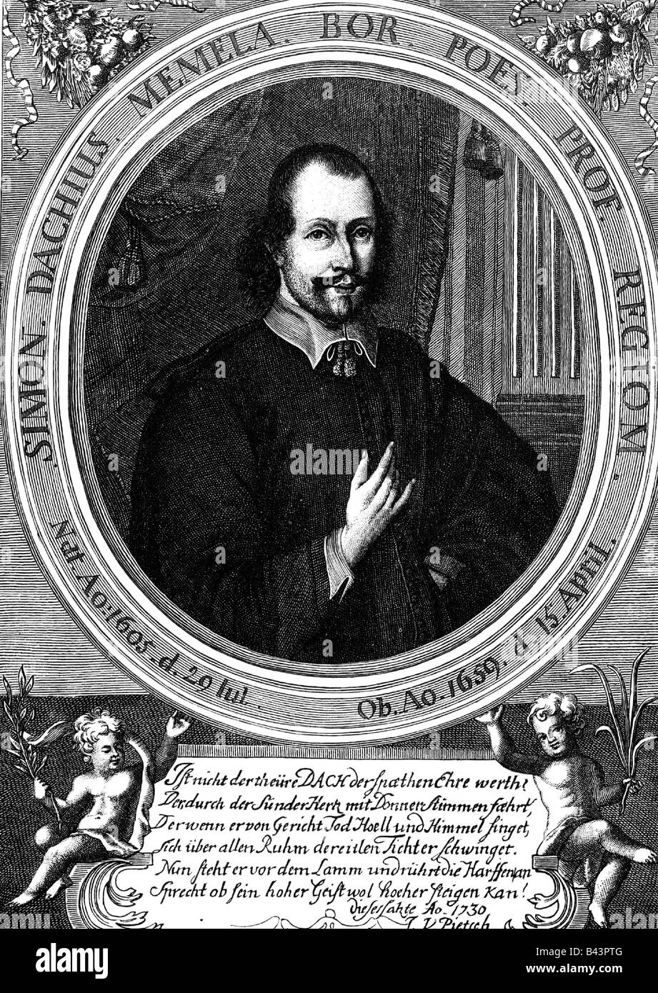 Dach, Simon, 29.7.1605 - 15.4.1659, German lyrical poet, copper engraving, by Wolfgang Philipp Kilian, 1730, with poem by Pietsch, Artist's Copyright has not to be cleared Stock Photo