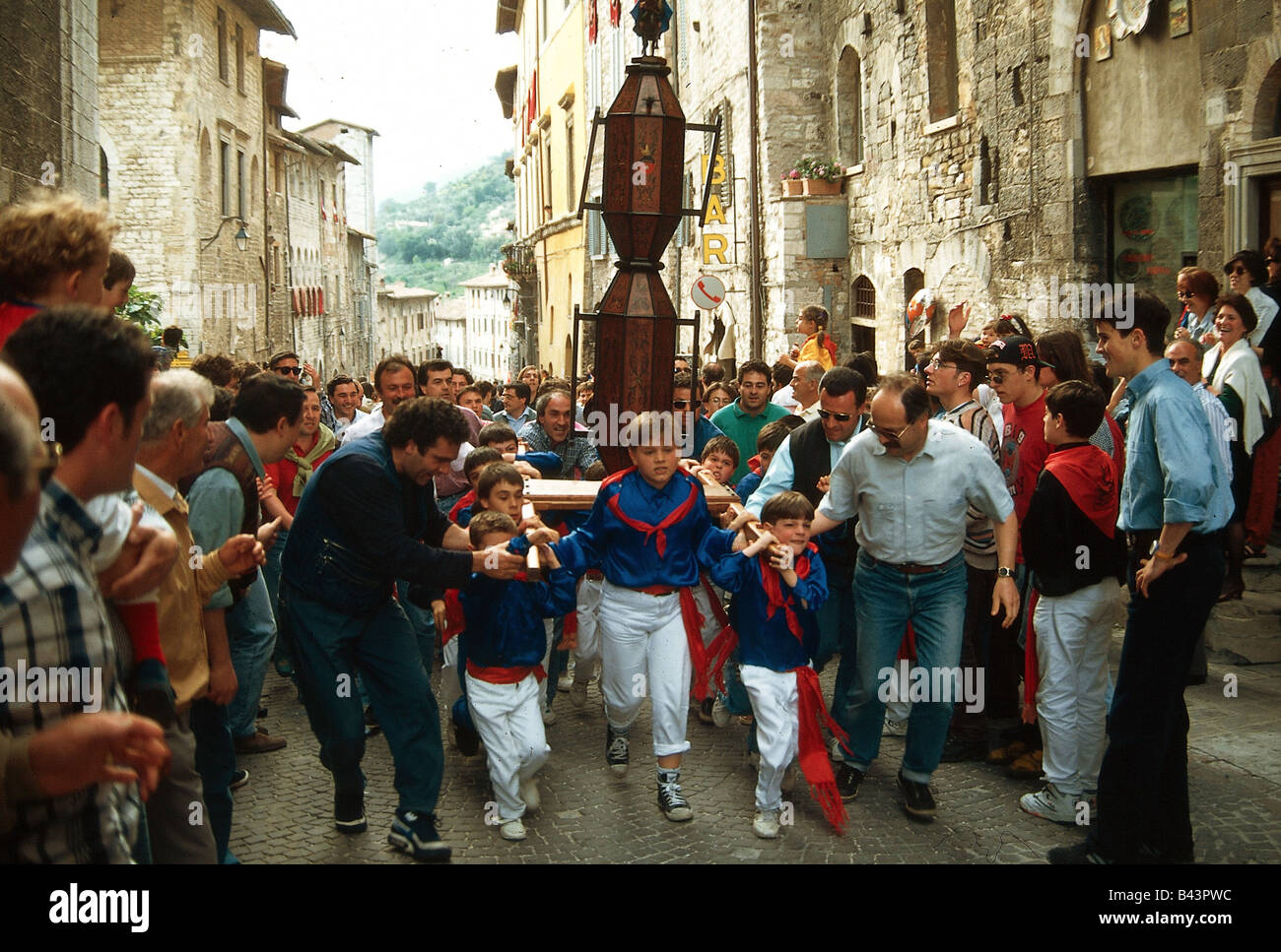 geography / travel, Italy, people, children at a holiday, Gubbio, religion, tradition, folklore, carrying statue, , Additional-Rights-Clearance-Info-Not-Available Stock Photo