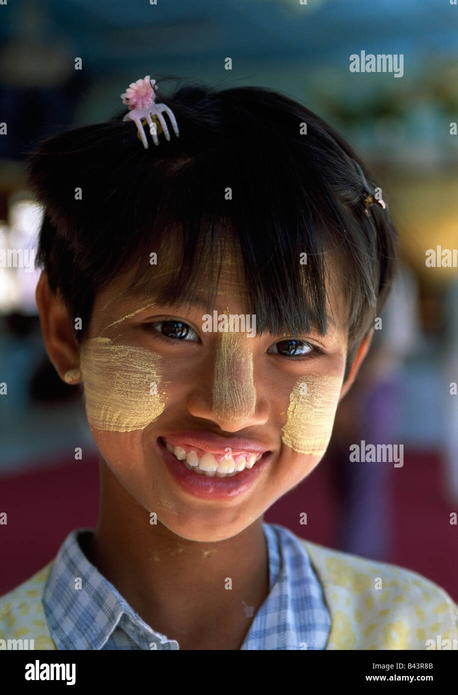 Girl (810) with face paint, smiling, portrait Mandalay, Myanmar Stock