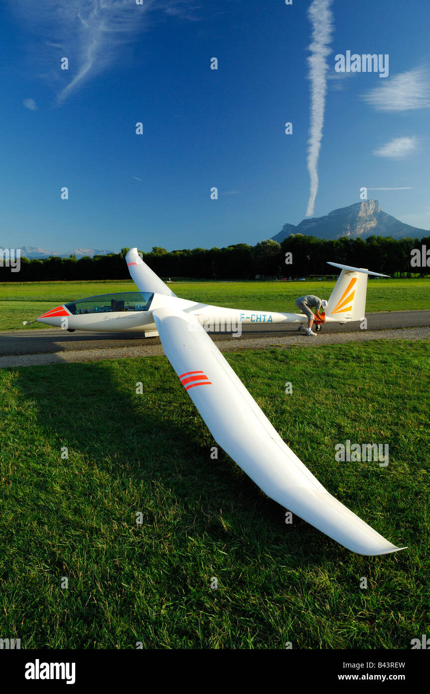 A glider Duo Discus on a french airfield in French Savoy Alps - France Stock Photo