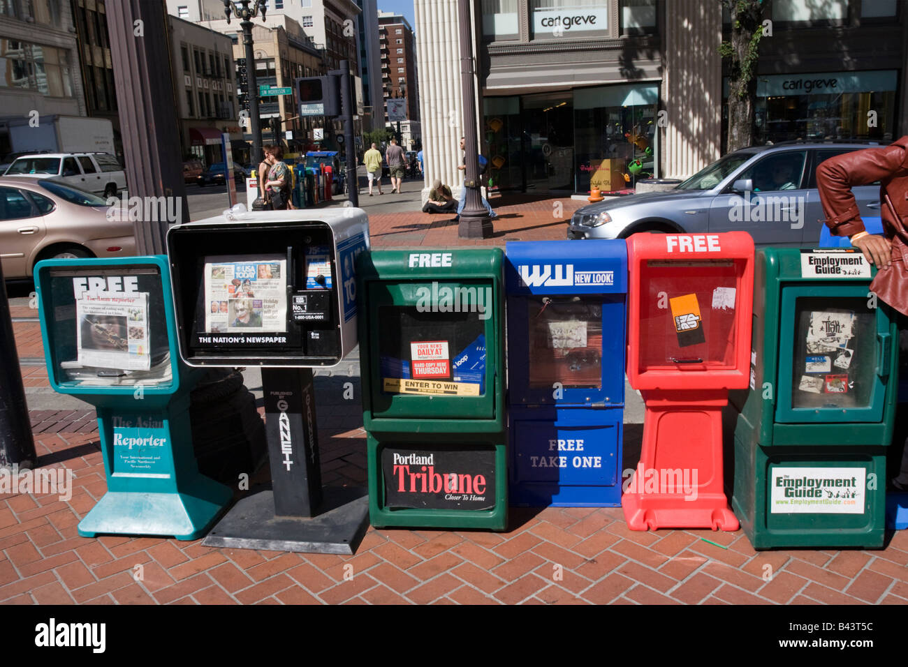 Portland Oregon OR USA  Pioneer Courthouse Square free newspaper stands Stock Photo