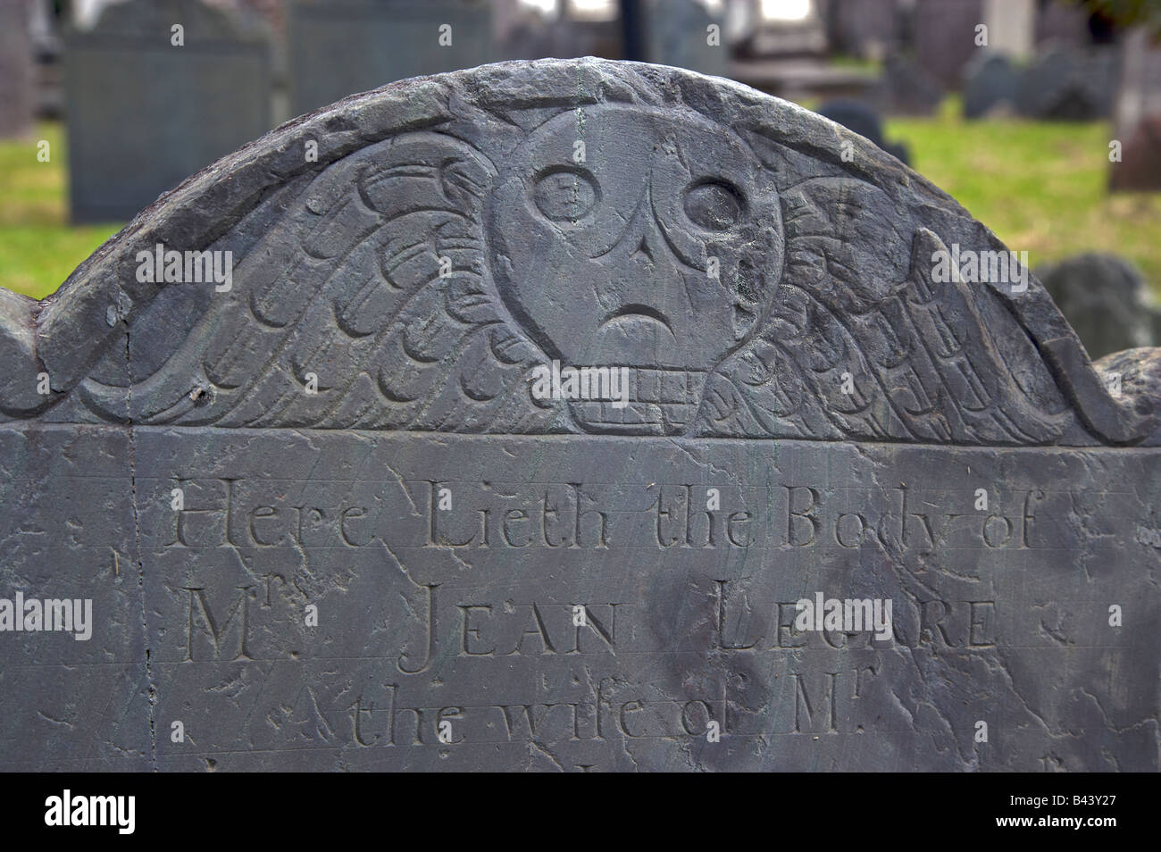 A skull grave marker at the Circular Congregational Church cemetery in