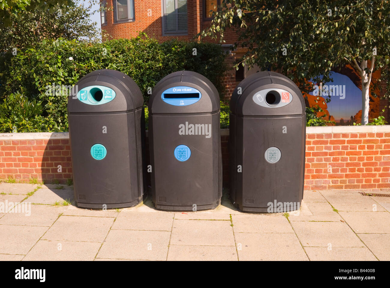 Row of three recycling bins in Norwich,Norfolk,Uk Stock Photo - Alamy