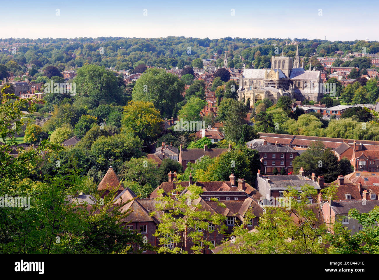 Winchester Cathedral from a high viewpoint,England Stock Photo