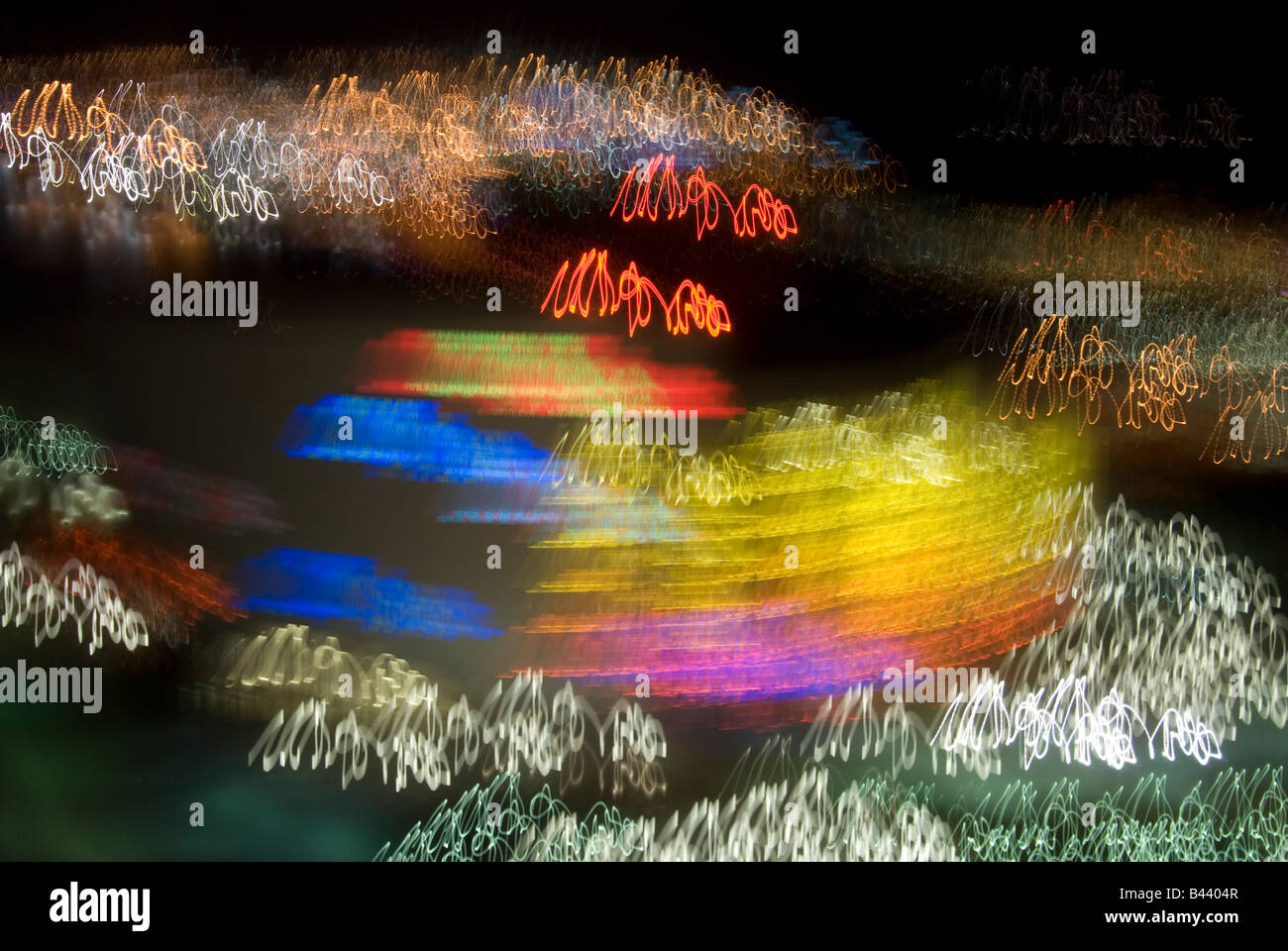 Blurred colored fast moving lights in Miami night scene. Stock Photo
