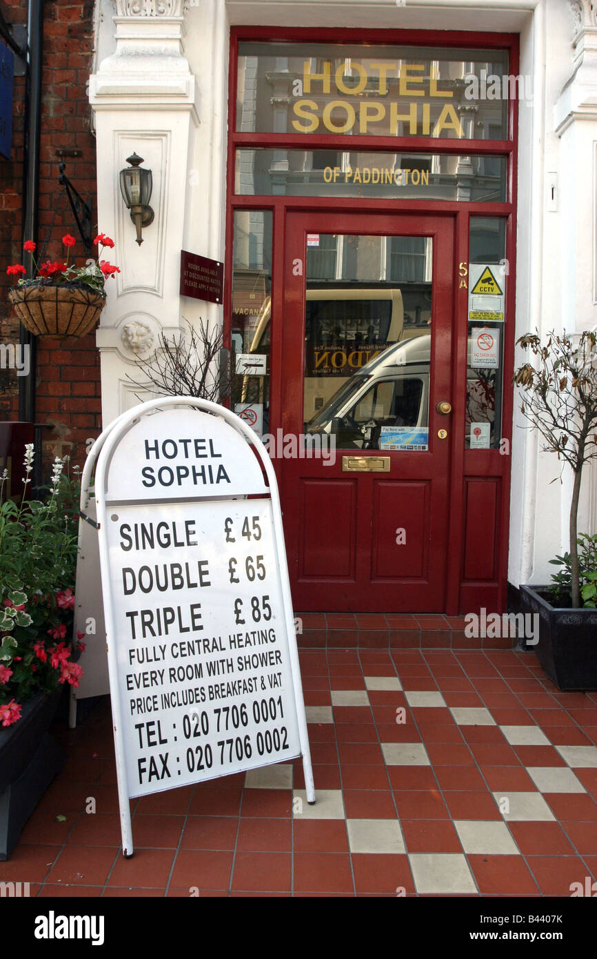 Hotel Sophia room rates sign, Paddington, London Stock Photo