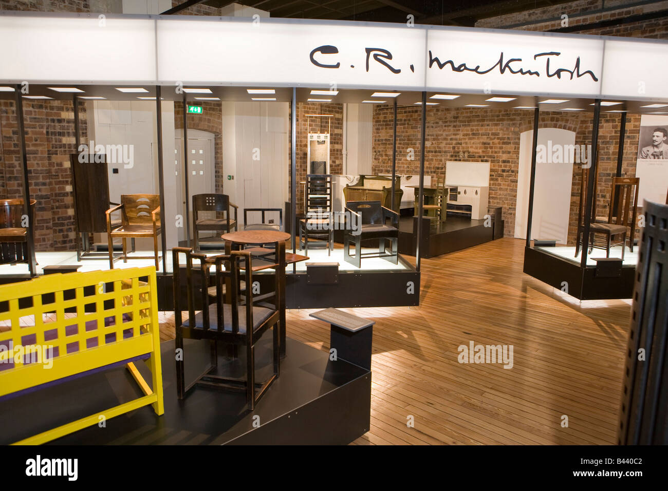 UK Scotland Glasgow School of Art Shop Charles Rennie Mackintosh exhibition furniture on display