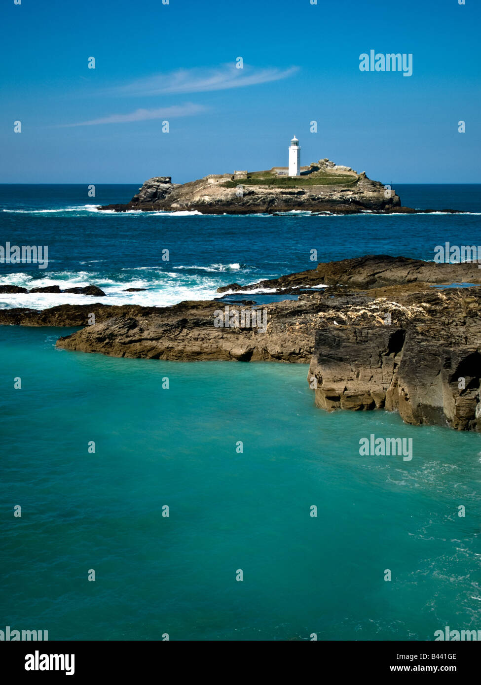 Godrevy Lighthouse on a sunny day, Gwithian, Cornwall Stock Photo