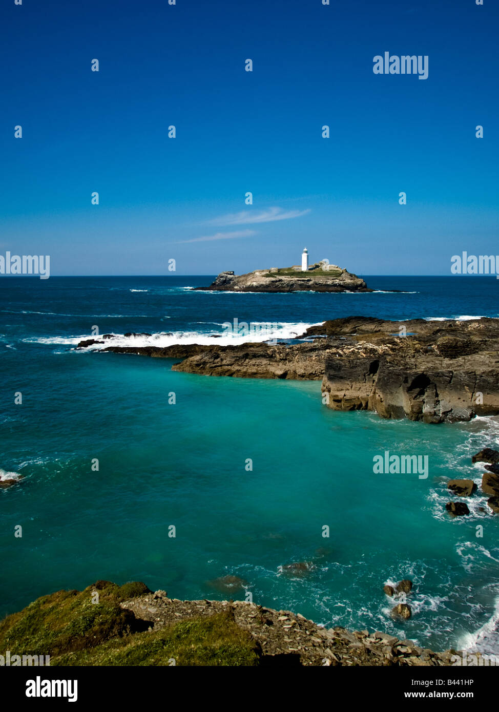 Godrevy Lighthouse on a sunny day, Gwithian, Cornwall Stock Photo