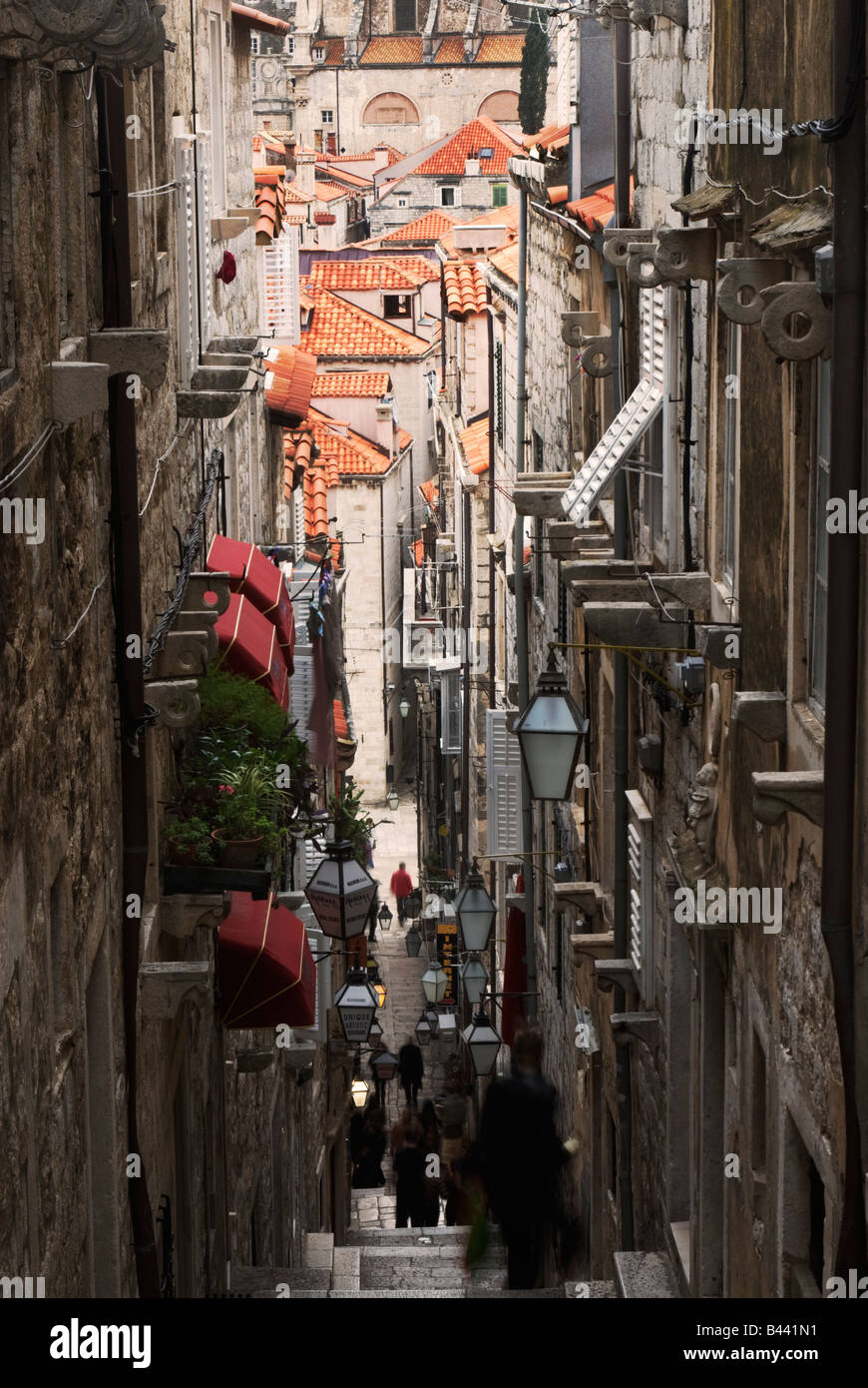 View of a narrow alleyway in Dubrovnik from the top of steep stairs.  Croatia Stock Photo