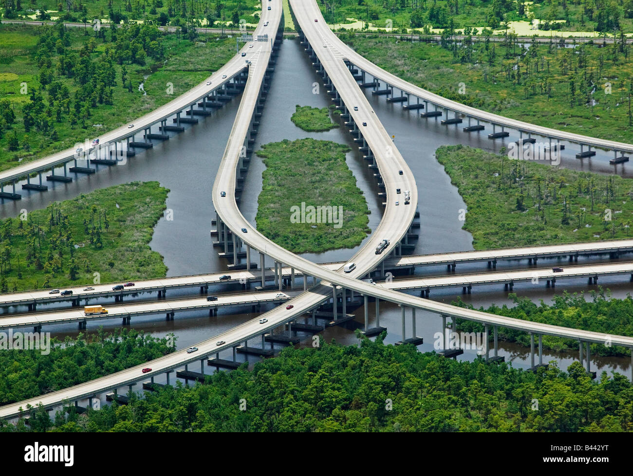 aerial above interstate Louisiana wetlands Stock Photo