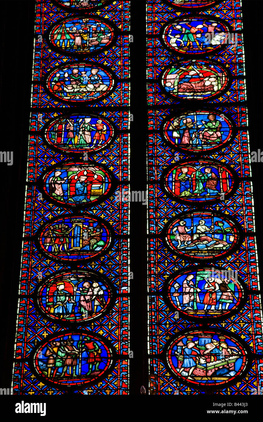 Interior of SainteChapelle showing detail of medieval stained glass