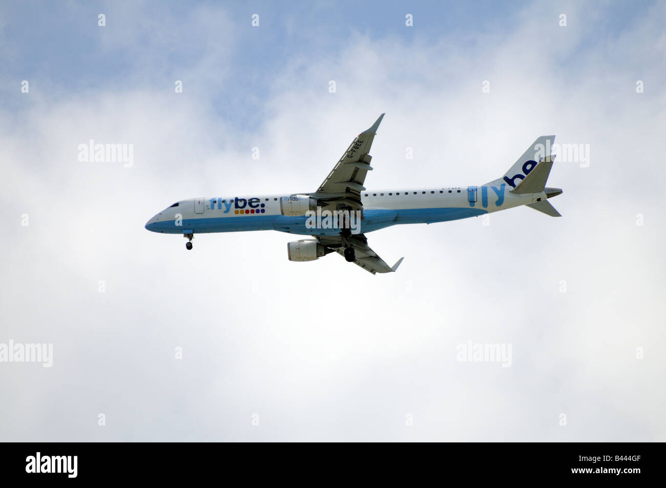 Flybe company Embraer 195 200 passenger jet on finals and approaching its Southampton base Stock Photo