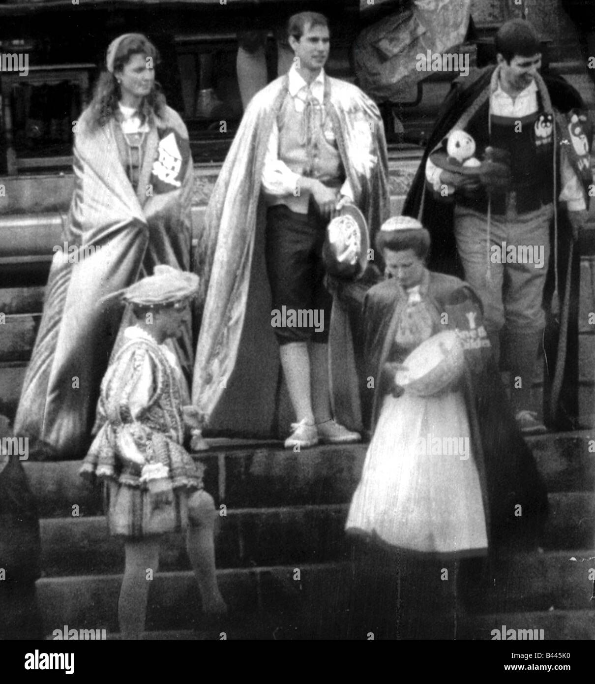 The Duchess of York Sarah Ferguson with Prince Edward Princess Anne and Prince Andrew The Duke of York in medieval costume Stock Photo