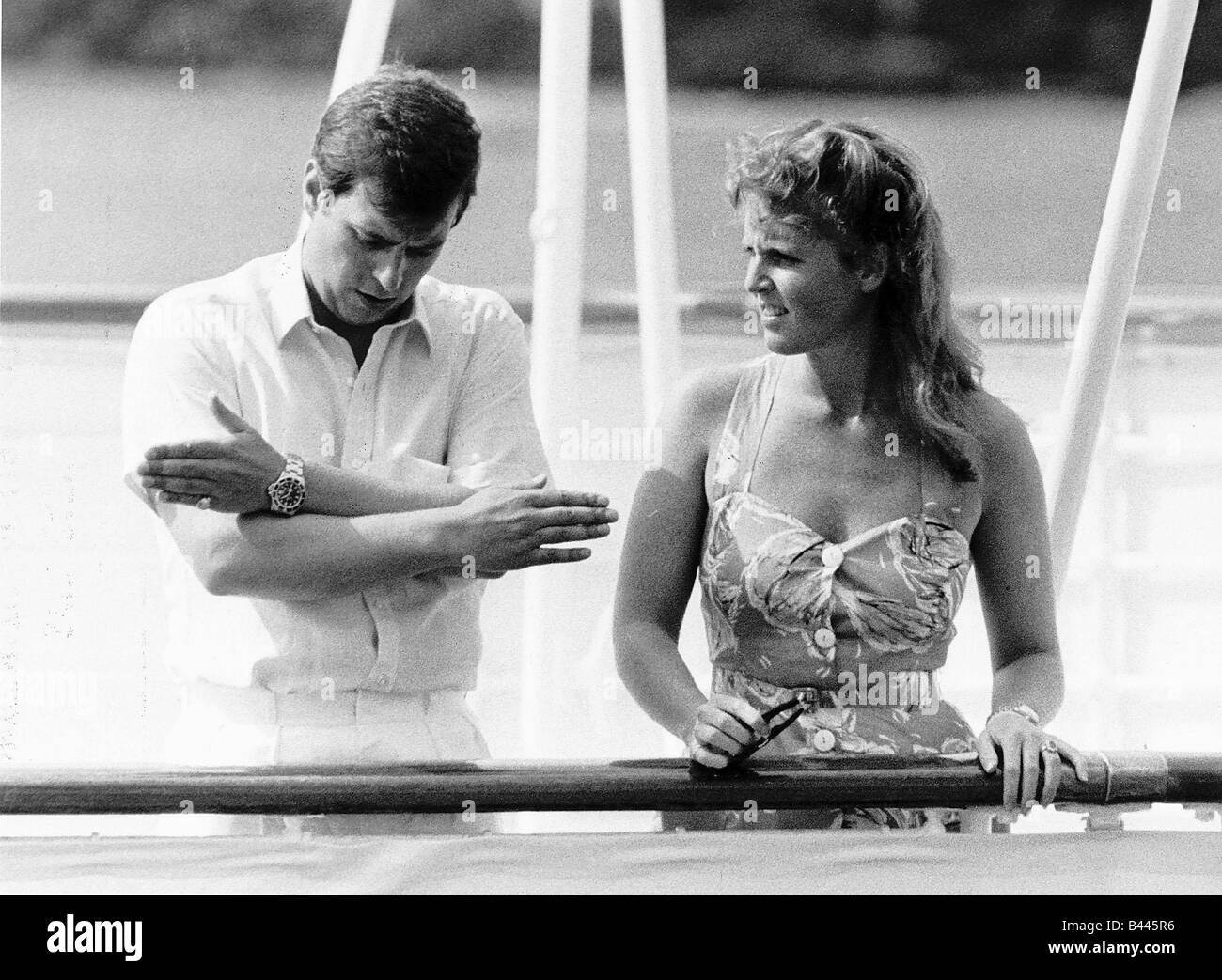 Prince Andrew Duke of York with his new wife Sarah Ferguson on their honeymoon on the royal yacht Britannia July 1986 Stock Photo