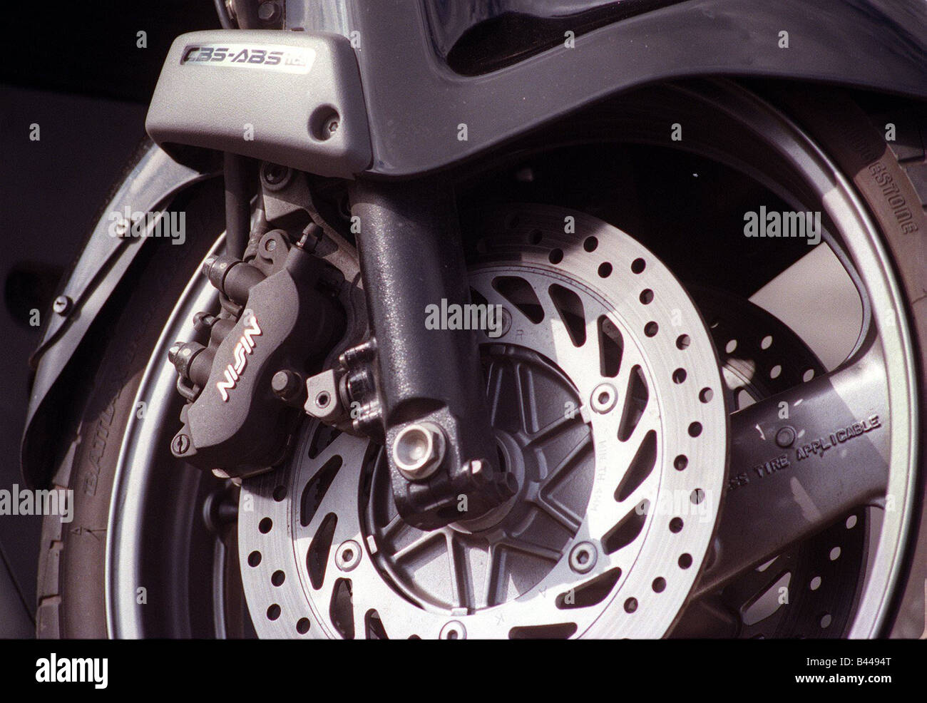 Honda Pan European motorcycle July 1998 Detail of suspension ventilated brake disc Stock Photo