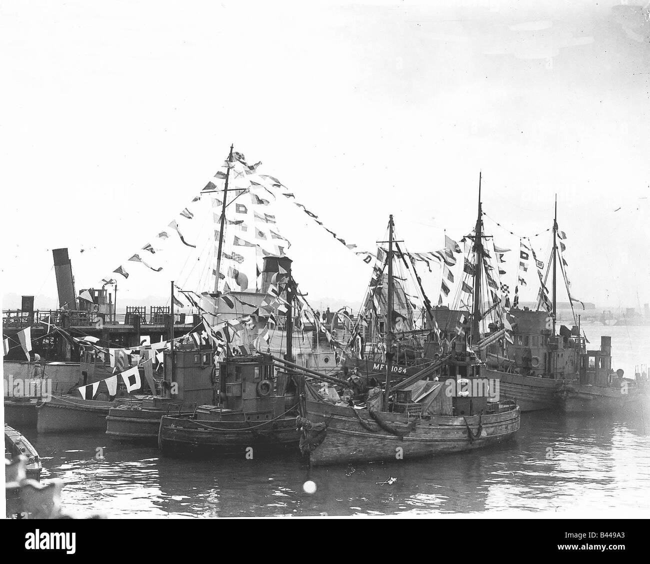 Boats in Southampton Docks decorated with flags 1945 at the end of WW2