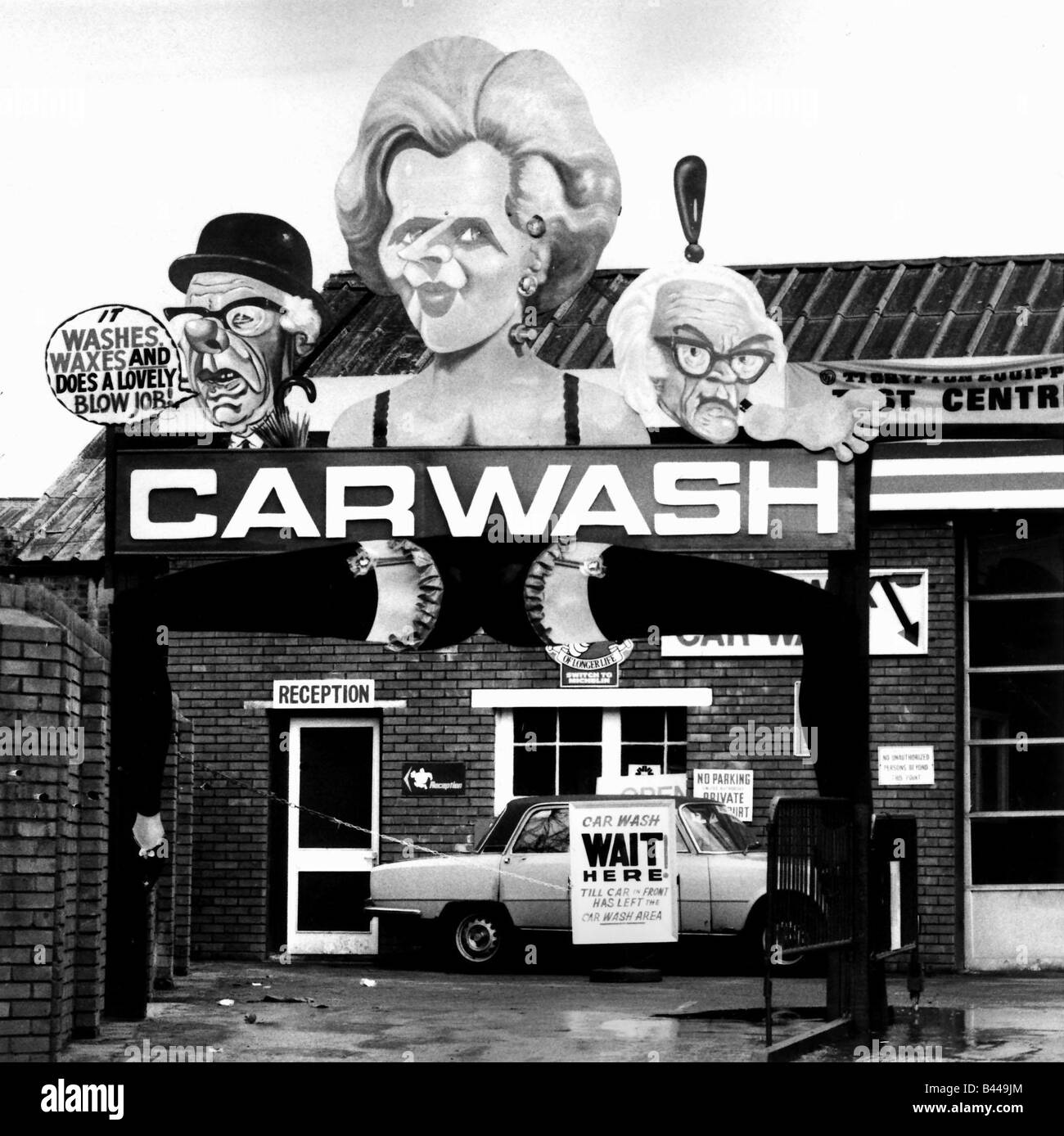 East London carwash sign showing Margaret Thatcher British Prime