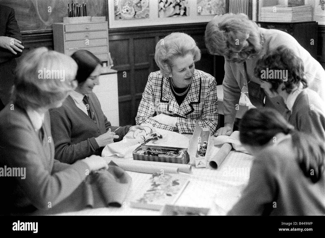 Maggie Thatcher sits in a sewing class at the Westholme School in Blackburn August 1970 Stock Photo