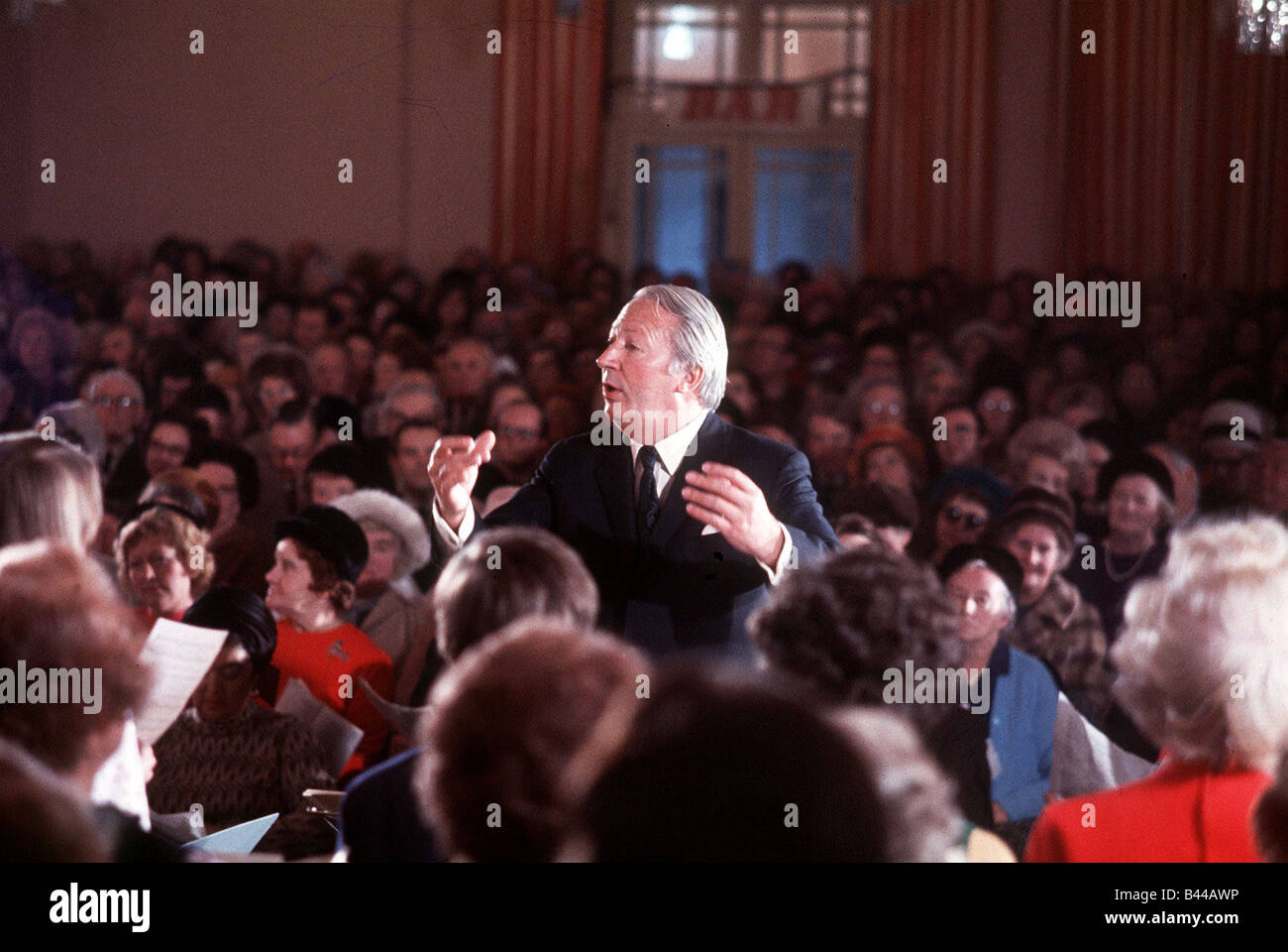 Prime Minister Edward Heath conducting Broadstairs annual carol concert in 1971 Heath the Tory s plain man successor to Alec Douglas Home had lost the 1966 General Election to Harold Wilson but had his revenge when he snatched a surprise victory in 1970 After constant conflict with the trades unions he called a Who runs Britain election in 1974 resulting in a hung Parliament Failing to achieve a coalition with the Liberals Wilson took over called a second poll for October and won an overall majority of three seats Heath was toppled by Margaret Thatcher in 1975 Stock Photo