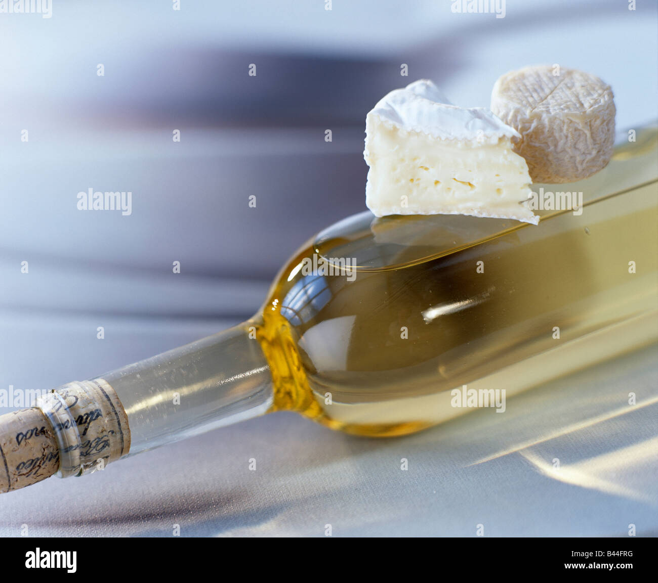 camembert and goat's cheese on bottle of white wine Stock Photo Alamy