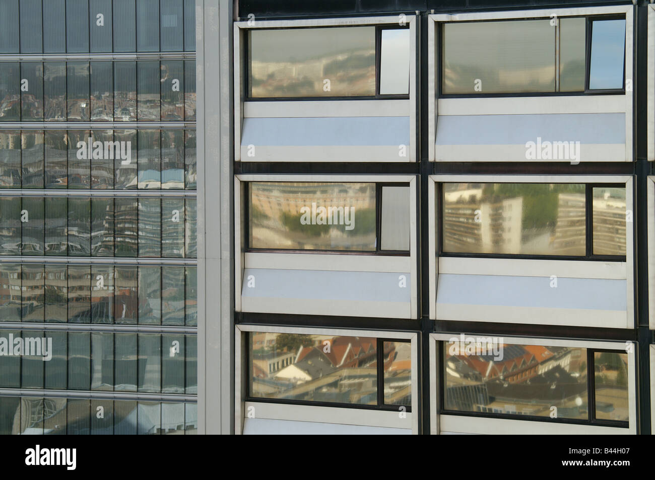 Buildings reflected in windows, Brussels business district Stock Photo