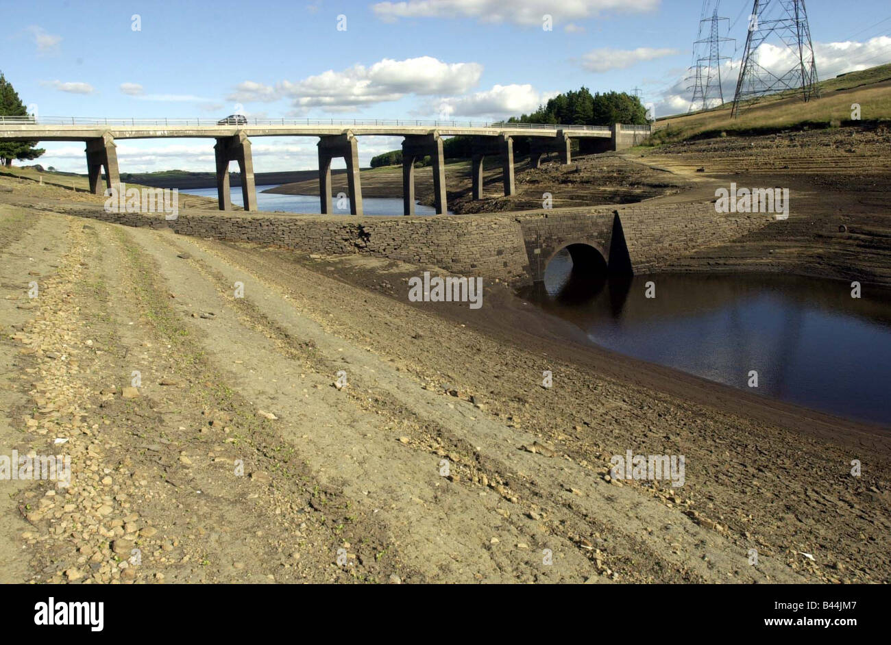 Drought warning as Ripponden Reservoir West Yorkshire at low level exposing old road and bridge Stock Photo