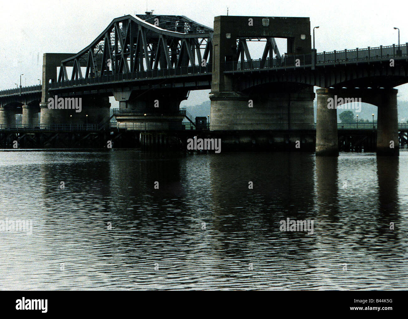 Kincardine Bridge showing signs of sinking in the mud flats river Stock