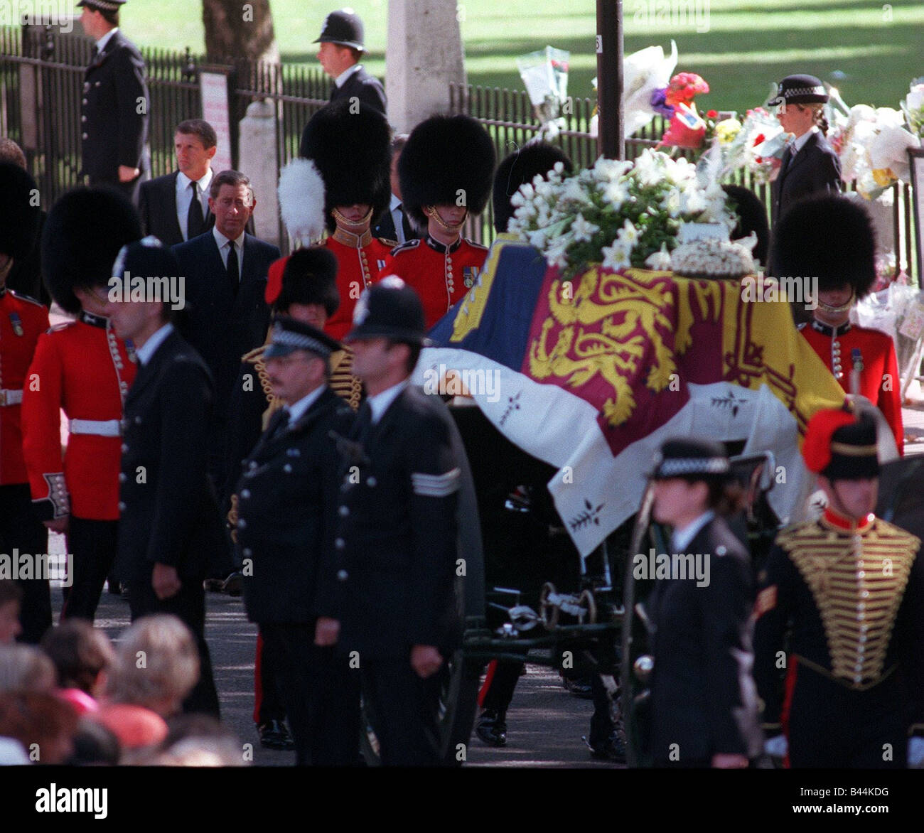 Princess Diana funeral 6th September 1997 Prince Charles walking behind Princess Dianas coffin Guardsmen Gun Carriage policemen Stock Photo