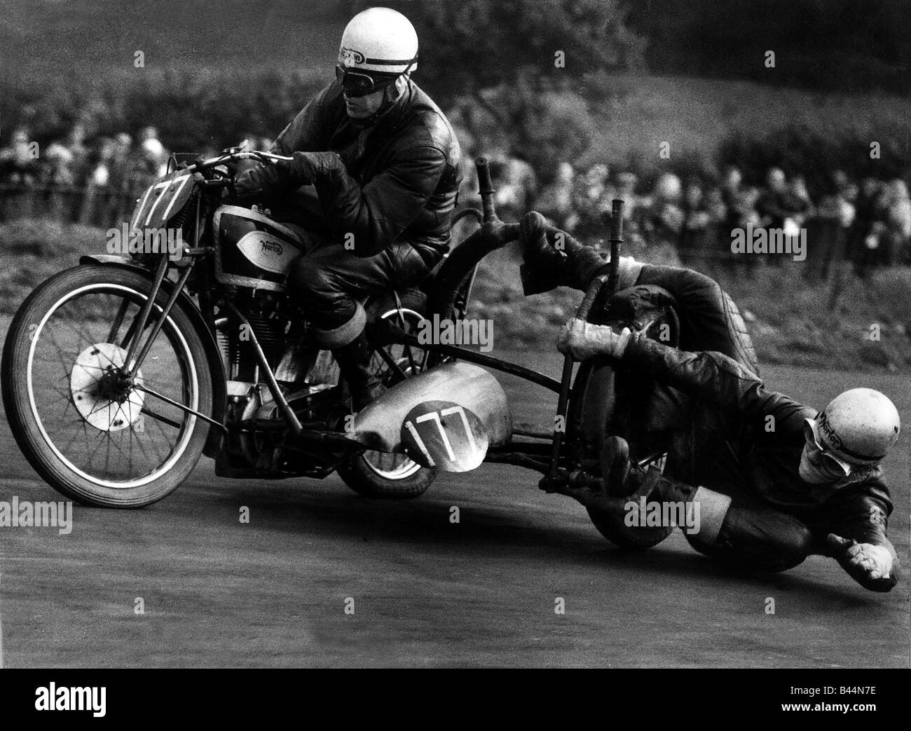 Motorcycle road racing at Brands Hatch October 1957 Going hell for