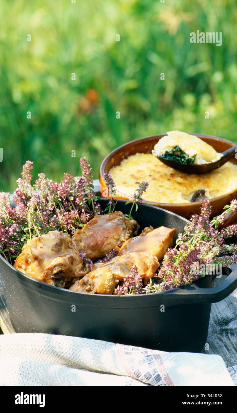 Casserole dish of rabbit and thyme Stock Photo - Alamy
