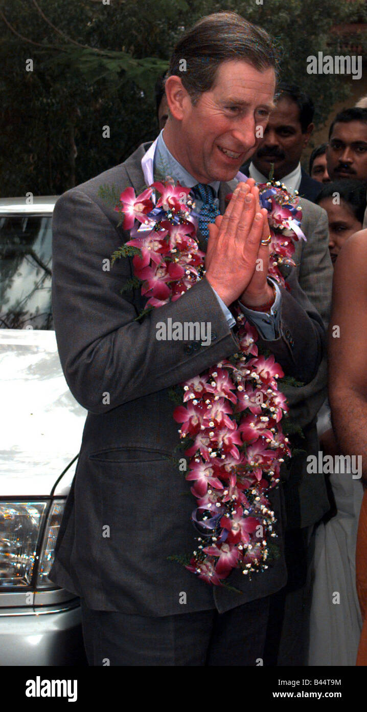 Prince Charles hands together as he arrives in Colombo in Sri Lanka in February 1998 Stock Photo