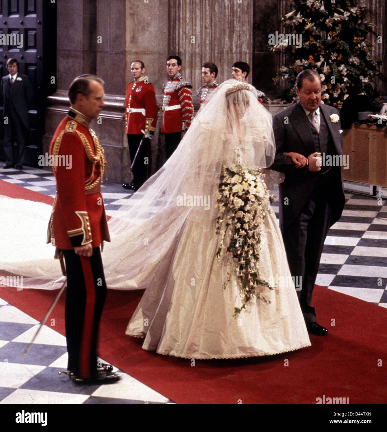 Lady Diana Spencer arrives at St Pauls Cathedral with her father Earl Spencer for her marriage to Prince Charles Wedding Dress Stock Photo