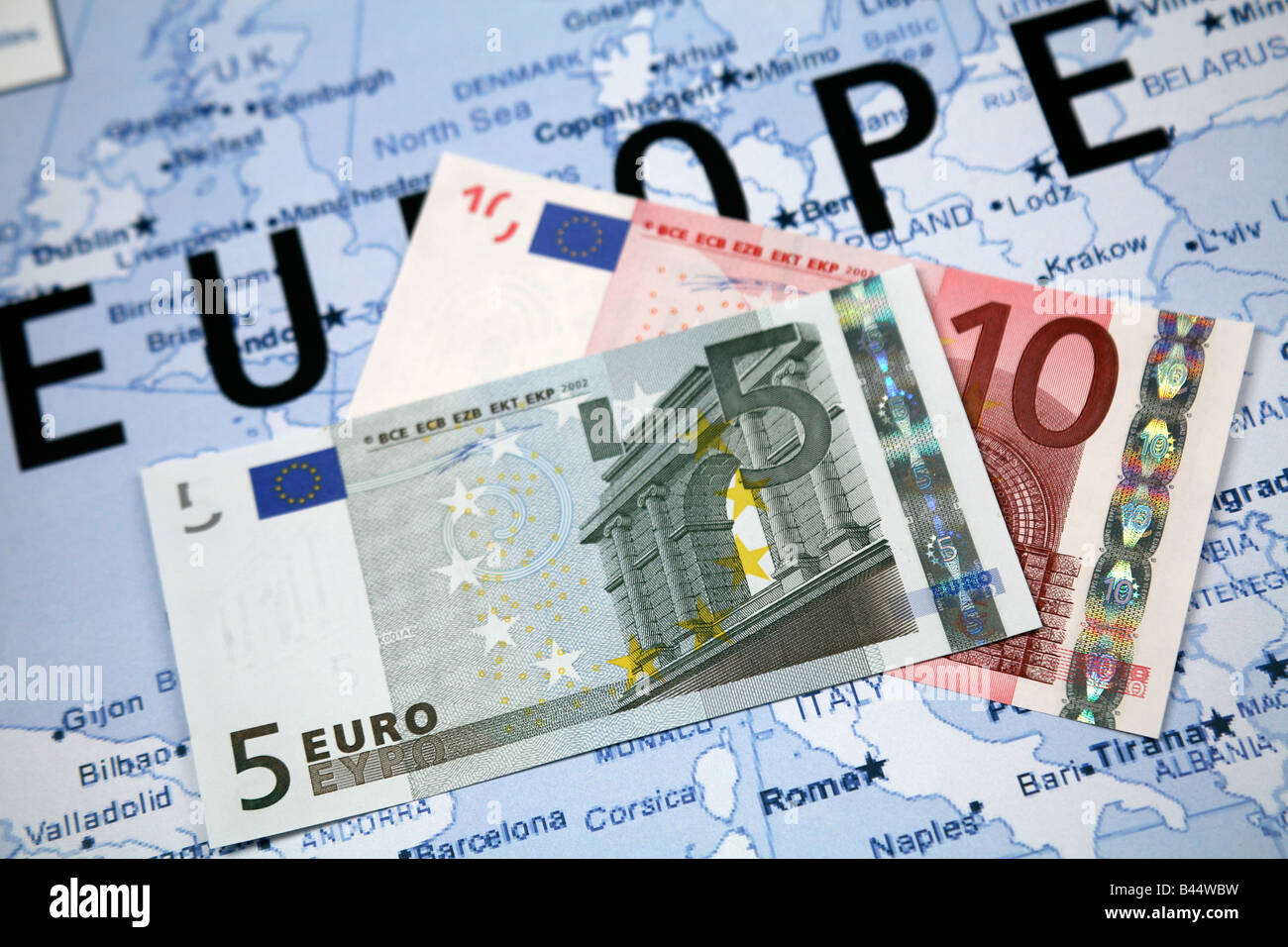 Travel concept to Europe with 10 and 5 euro note Stock Photo