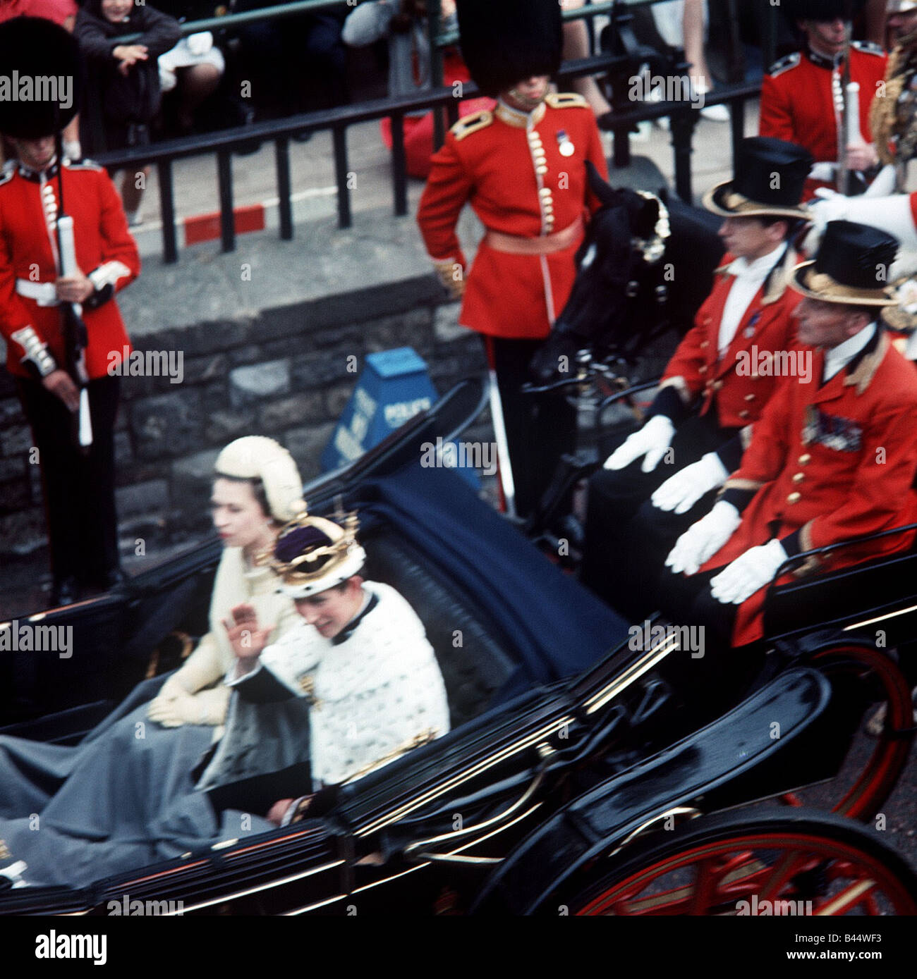 The Queen and Prince of Wales drive through Caernarvon after Investiture July 1969 Stock Photo