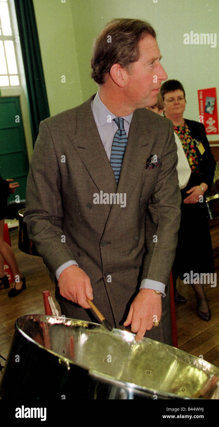 Prince Charles on a school visit in Norwich March 1998 Playing steel drum Stock Photo