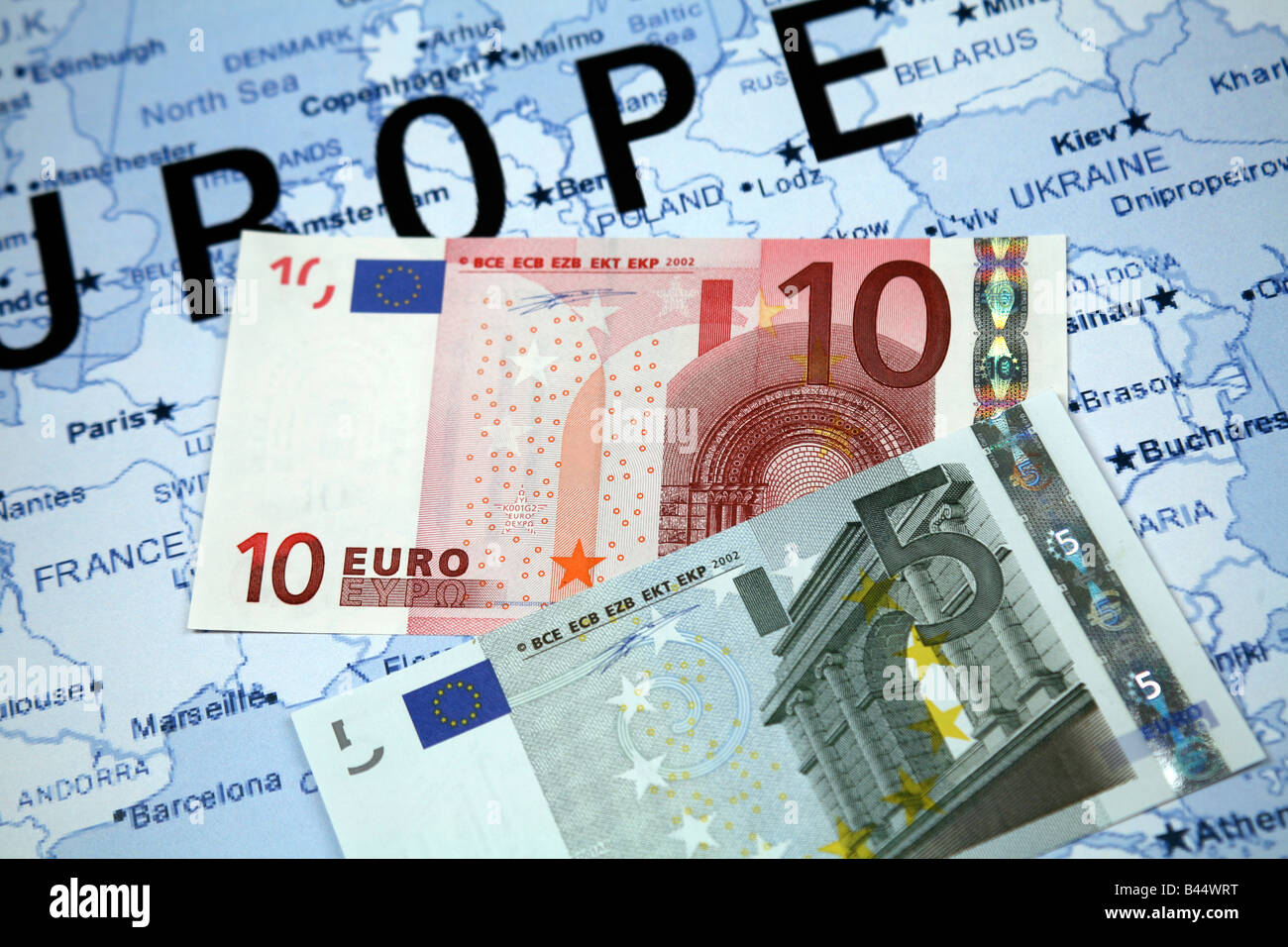 Travel concept to Europe with 10 and 5 euro note Stock Photo