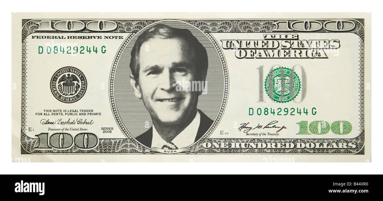 Illustration photo montage concept of George Bush on 100 Dollar Bill Stock Photo