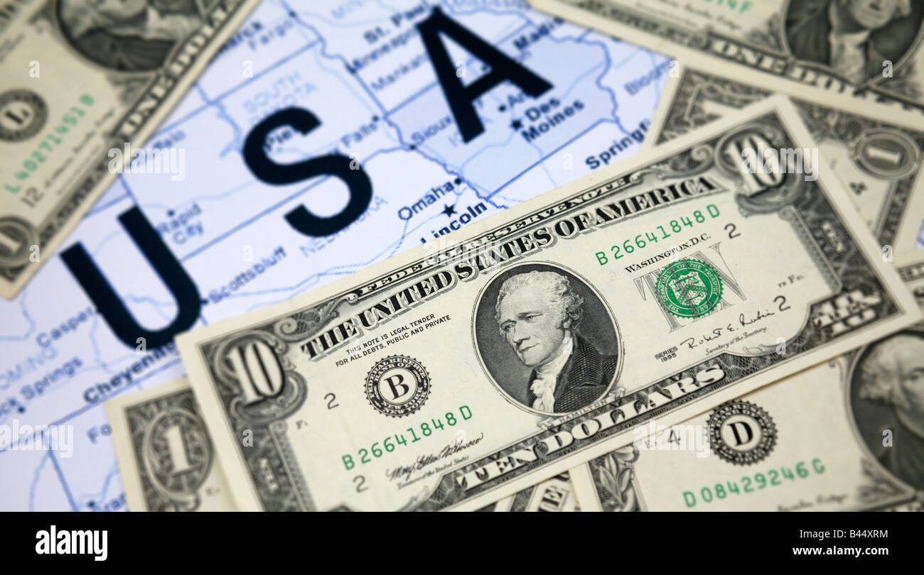 Travel concept to United States of America with Green Back Bank note Dollars Stock Photo