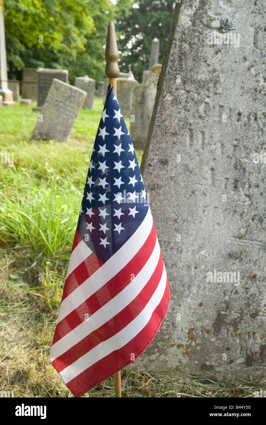American flag at old Revolutionary War graveyard cemetery,South Egremont, Massachusetts. Stock Photo
