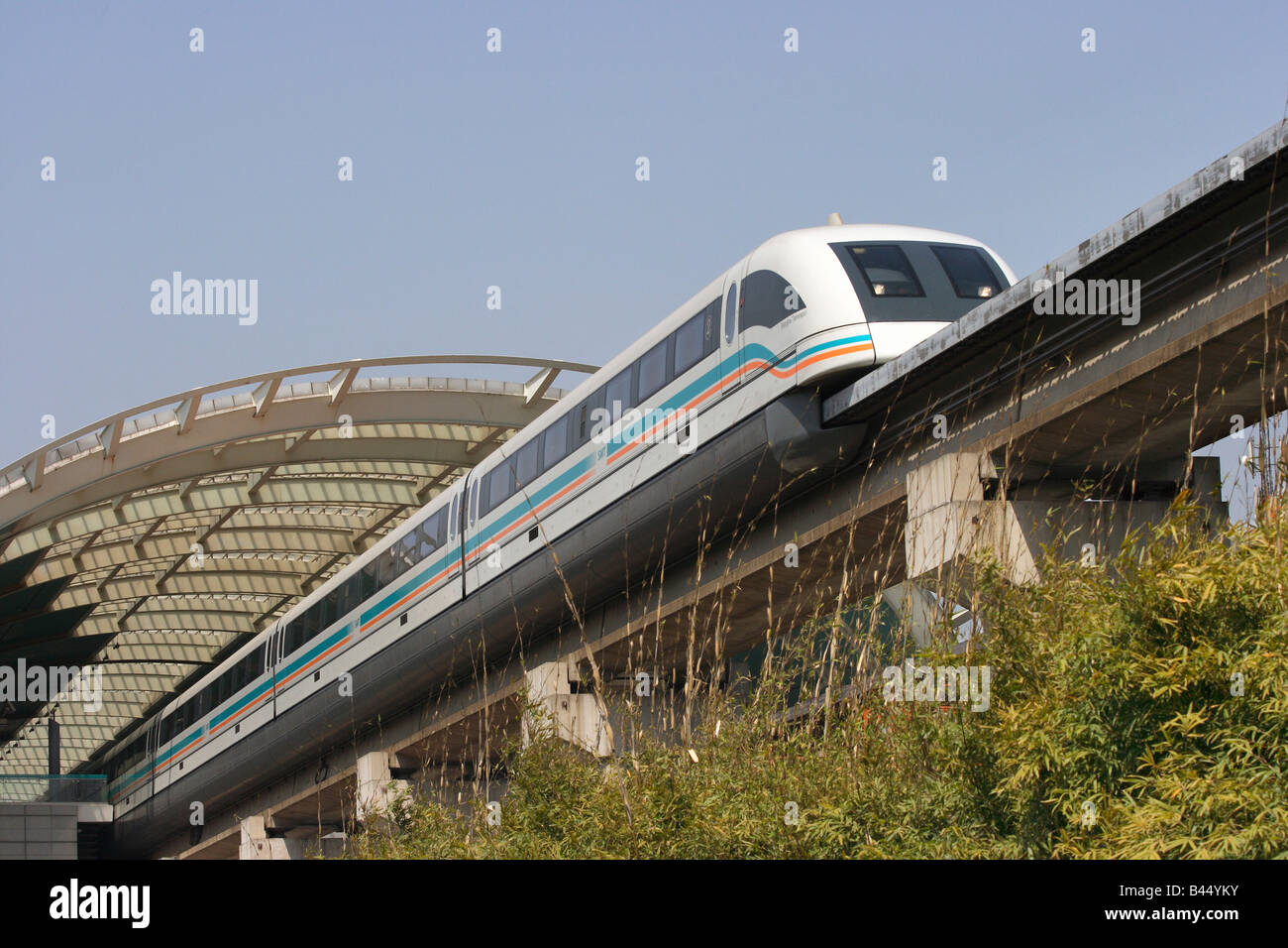 High-speed monorail train Transrapid leaving a station, Shanghai, China ...