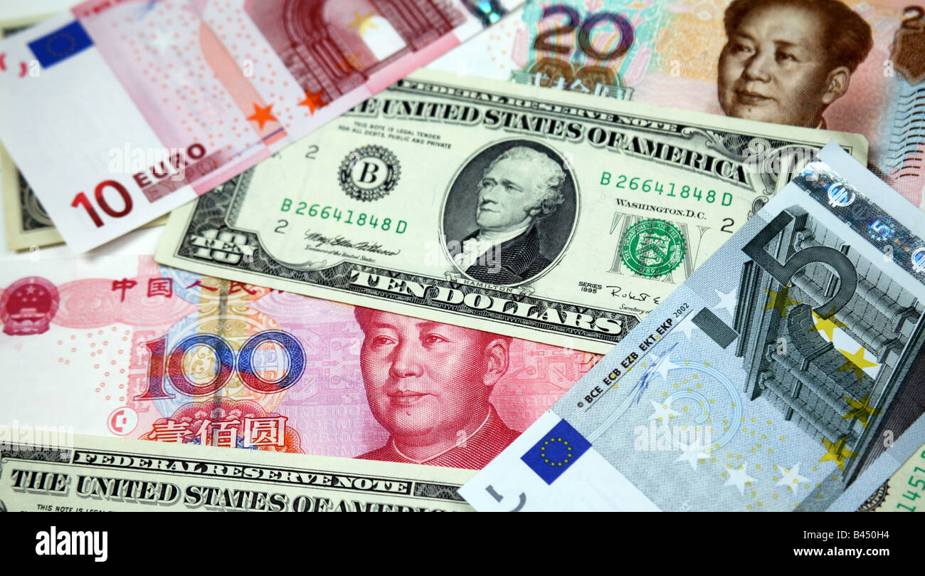 Zhongguo Bank notes from China Renmin Yingyang, Euros and Green Back Bank note Dollars from United States of America Stock Photo