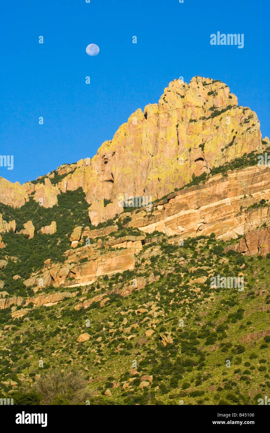 Moon and peak in Chiricahua Mountains Cochise County Arizona United States Stock Photo