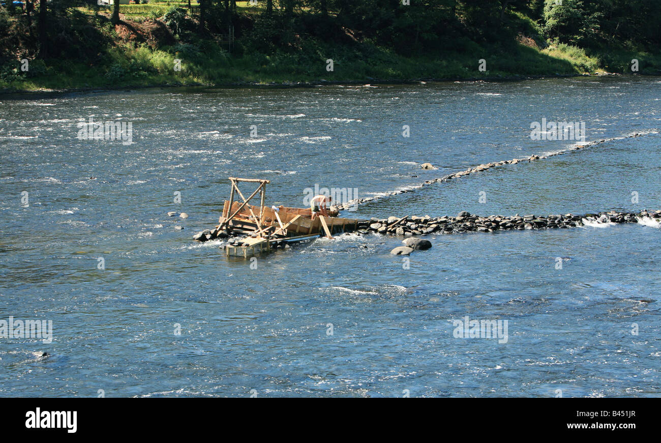 An eel weir on the Delaware River between Pennsylvania An eel man is