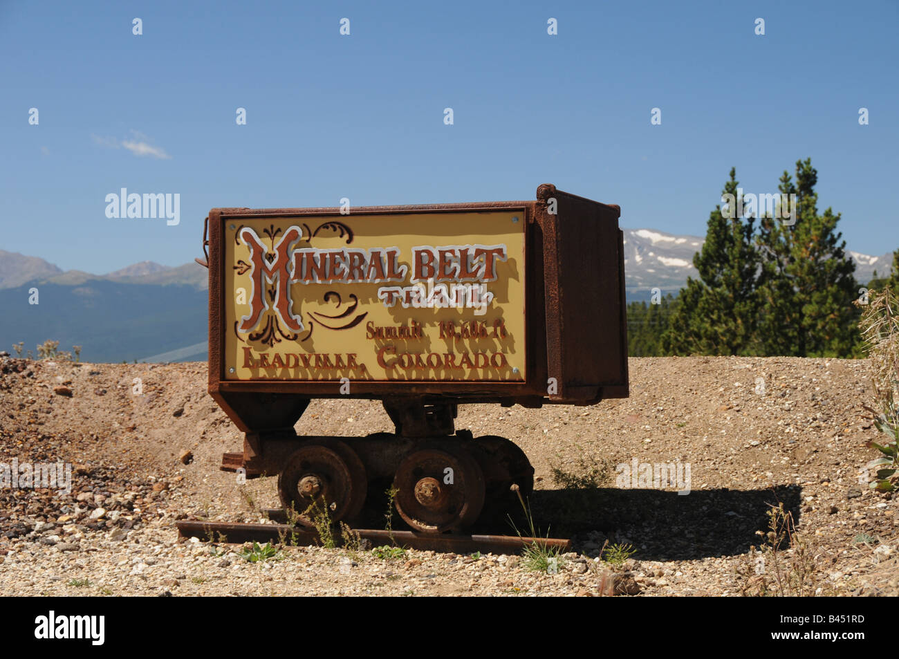 An old mining truck used to promote The Mineral Belt Trail, Leadville, Colorado. Stock Photo