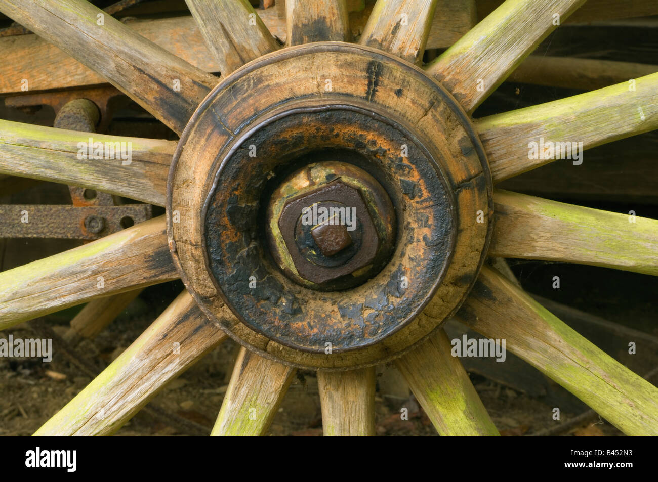 Hub and spokes of an old wagon wheel, Great Smoky Mountain National Park, Tennessee, USA Stock