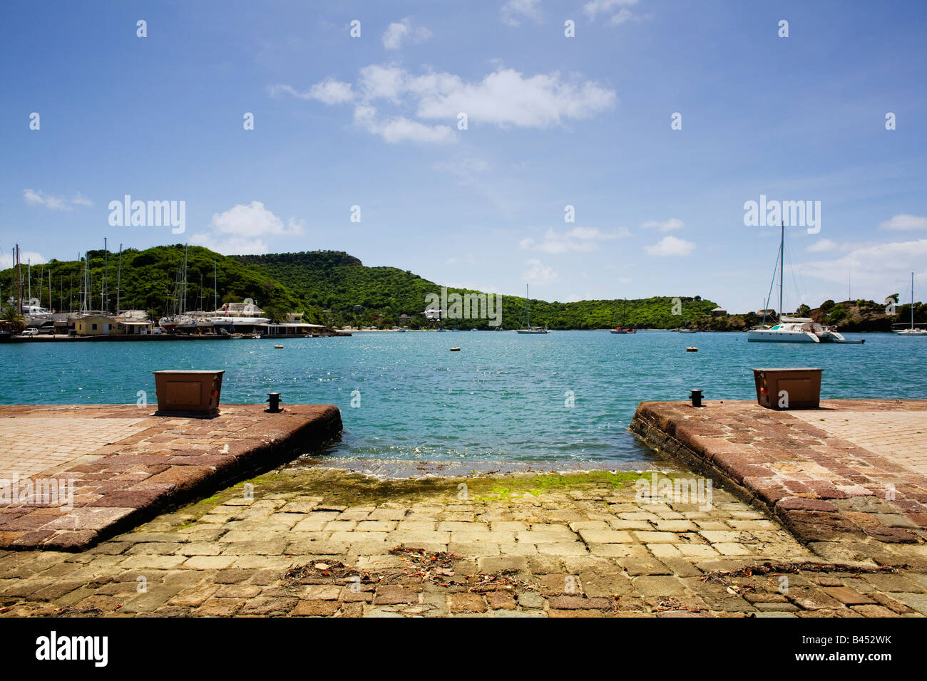 Slip way and yacht mooring sites on the quay side in Nelson's Dockyard on the Carribean island of Antigua Stock Photo